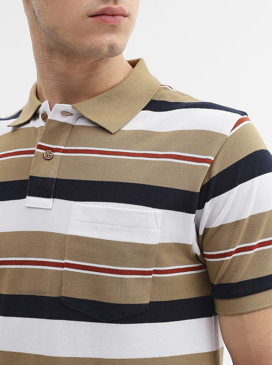 Khaki & White Striped Slim Fit Polo T-Shirt | Greenfibre