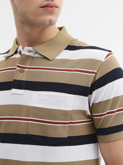 Khaki & White Striped Slim Fit Polo T-Shirt | Greenfibre