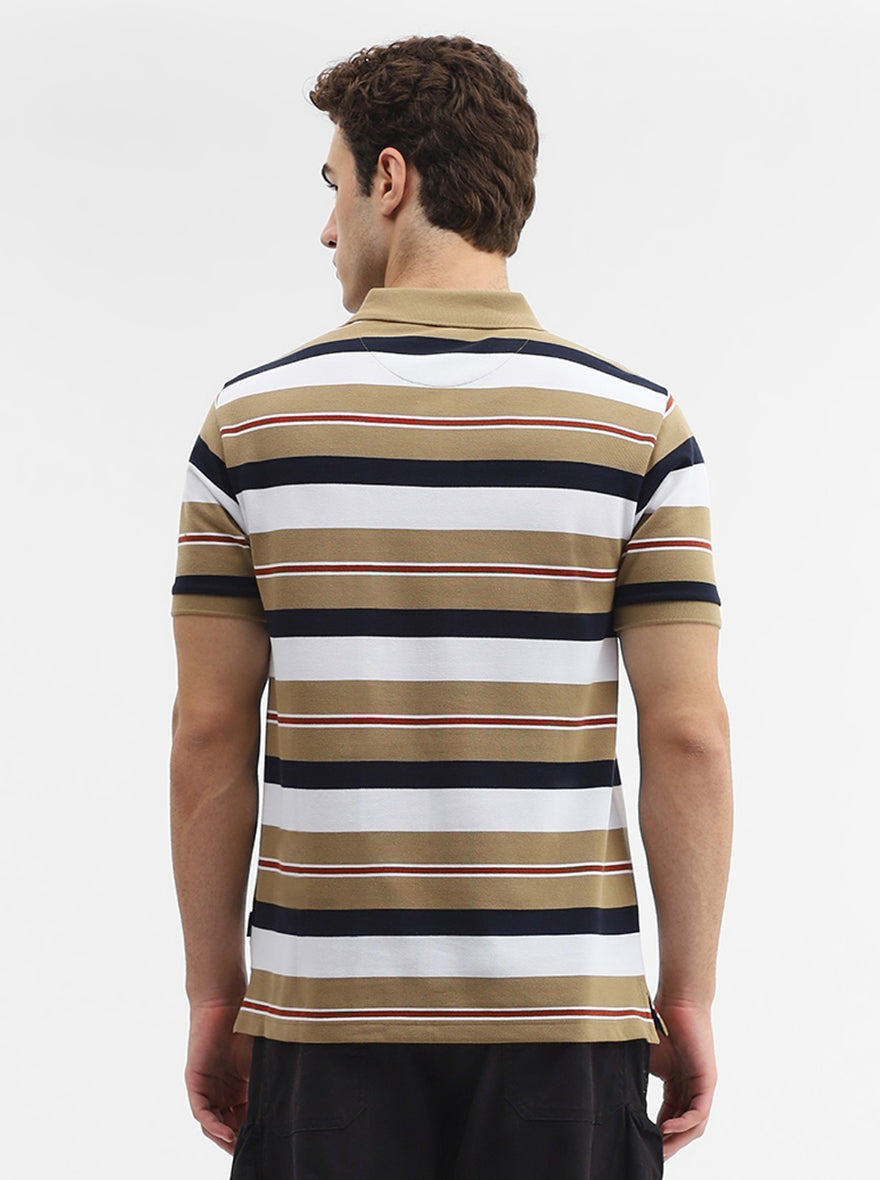 Khaki & White Striped Slim Fit Polo T-Shirt | Greenfibre
