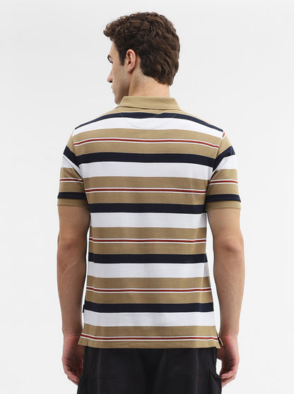 Khaki & White Striped Slim Fit Polo T-Shirt | Greenfibre