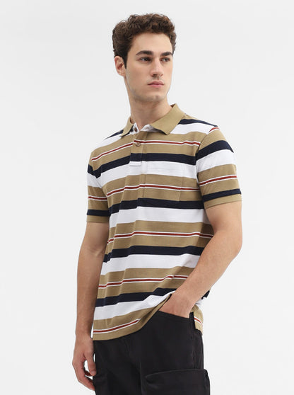 Khaki & White Striped Slim Fit Polo T-Shirt | Greenfibre