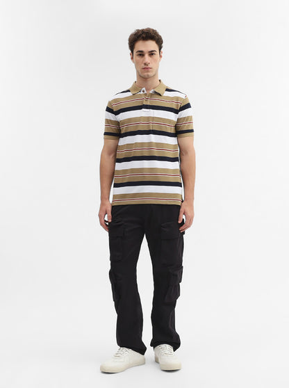 Khaki & White Striped Slim Fit Polo T-Shirt | Greenfibre