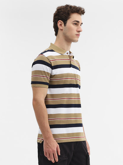 Khaki & White Striped Slim Fit Polo T-Shirt | Greenfibre