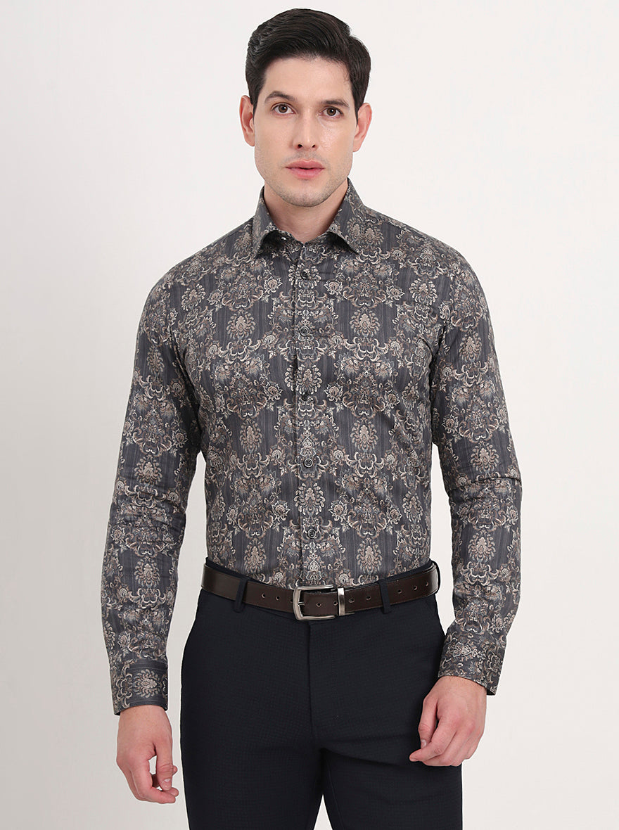 Grey & Brown Printed Slim Fit Party Wear Shirt | Wyre