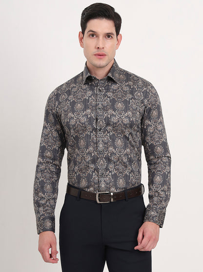 Grey & Brown Printed Slim Fit Party Wear Shirt | Wyre