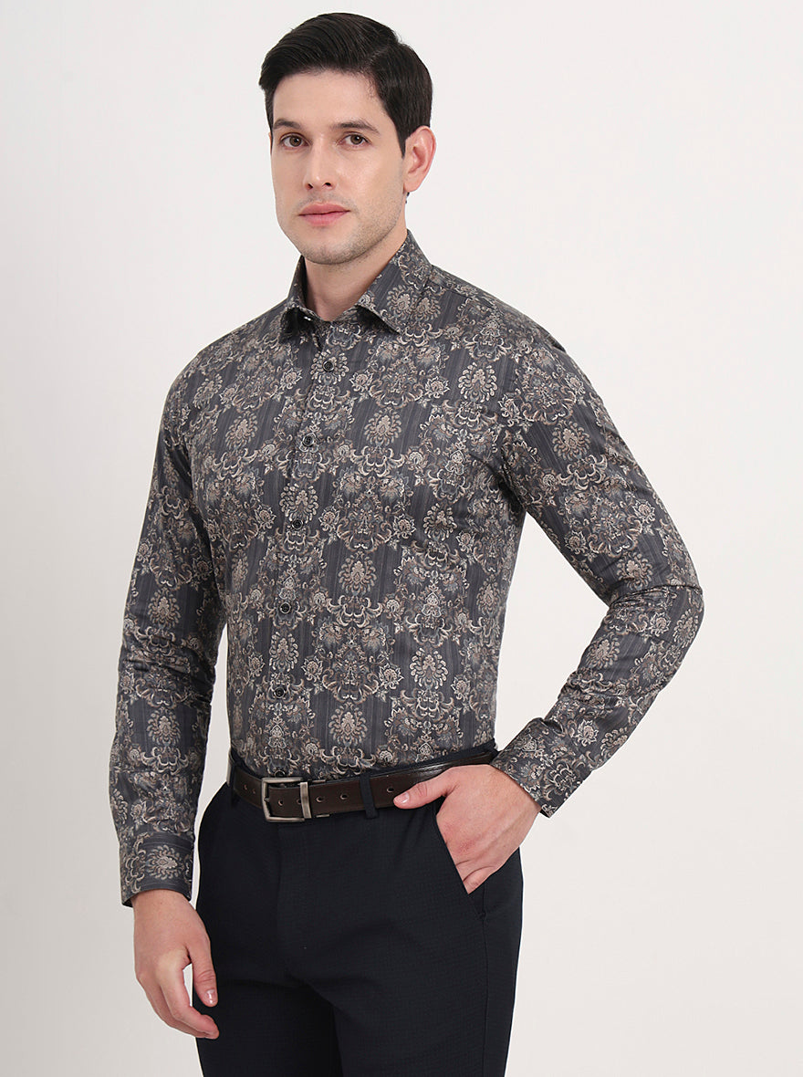 Grey & Brown Printed Slim Fit Party Wear Shirt | Wyre