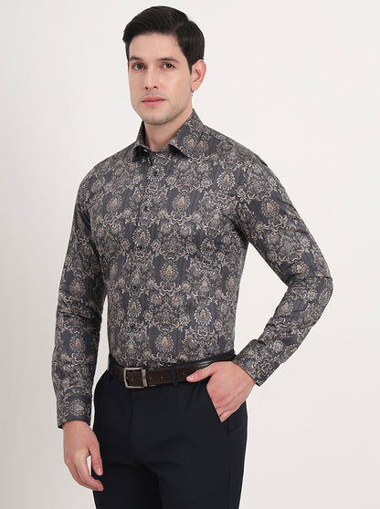 Grey & Brown Printed Slim Fit Party Wear Shirt | Wyre