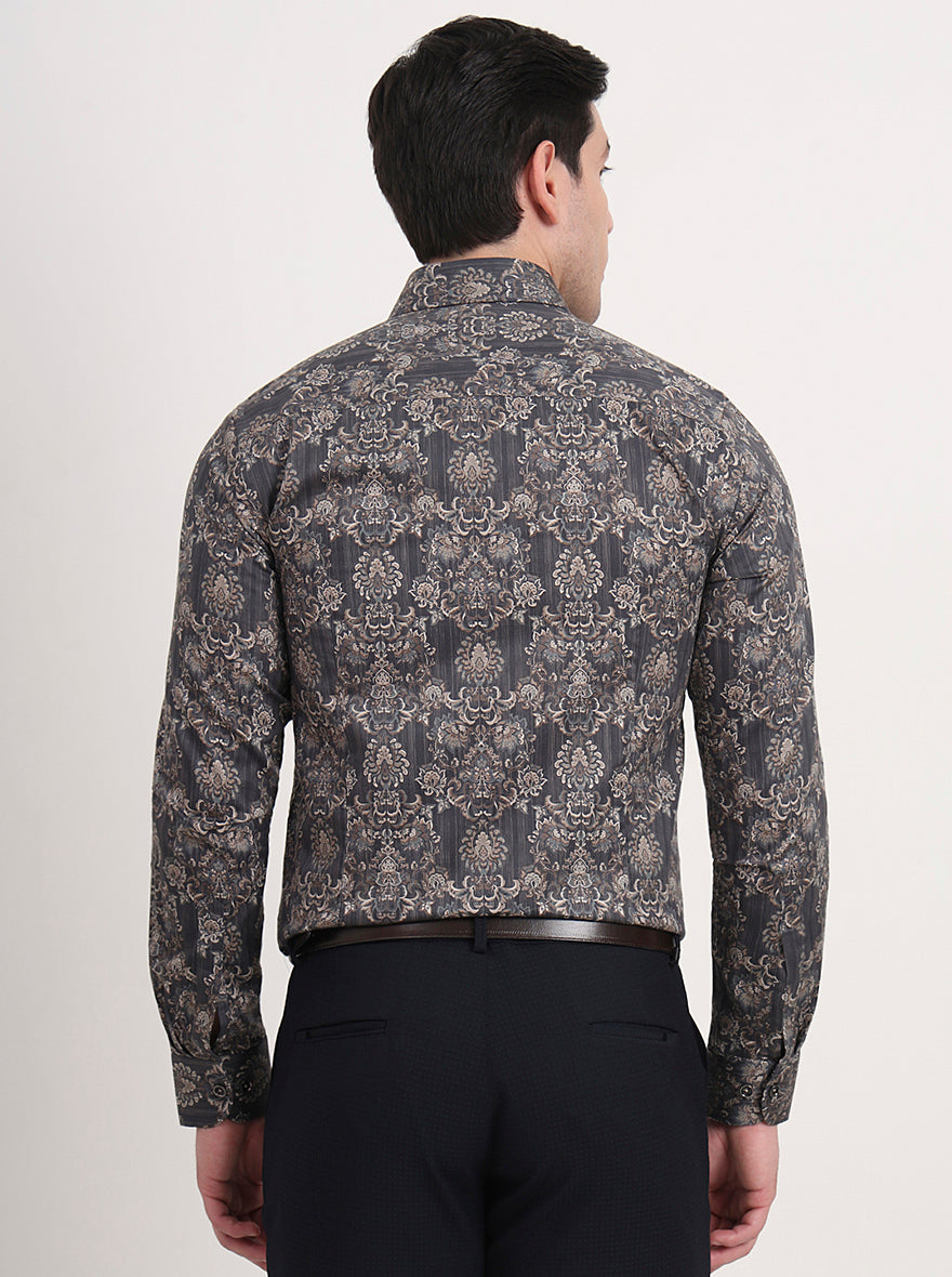 Grey & Brown Printed Slim Fit Party Wear Shirt | Wyre