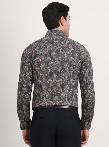Grey & Brown Printed Slim Fit Party Wear Shirt | Wyre
