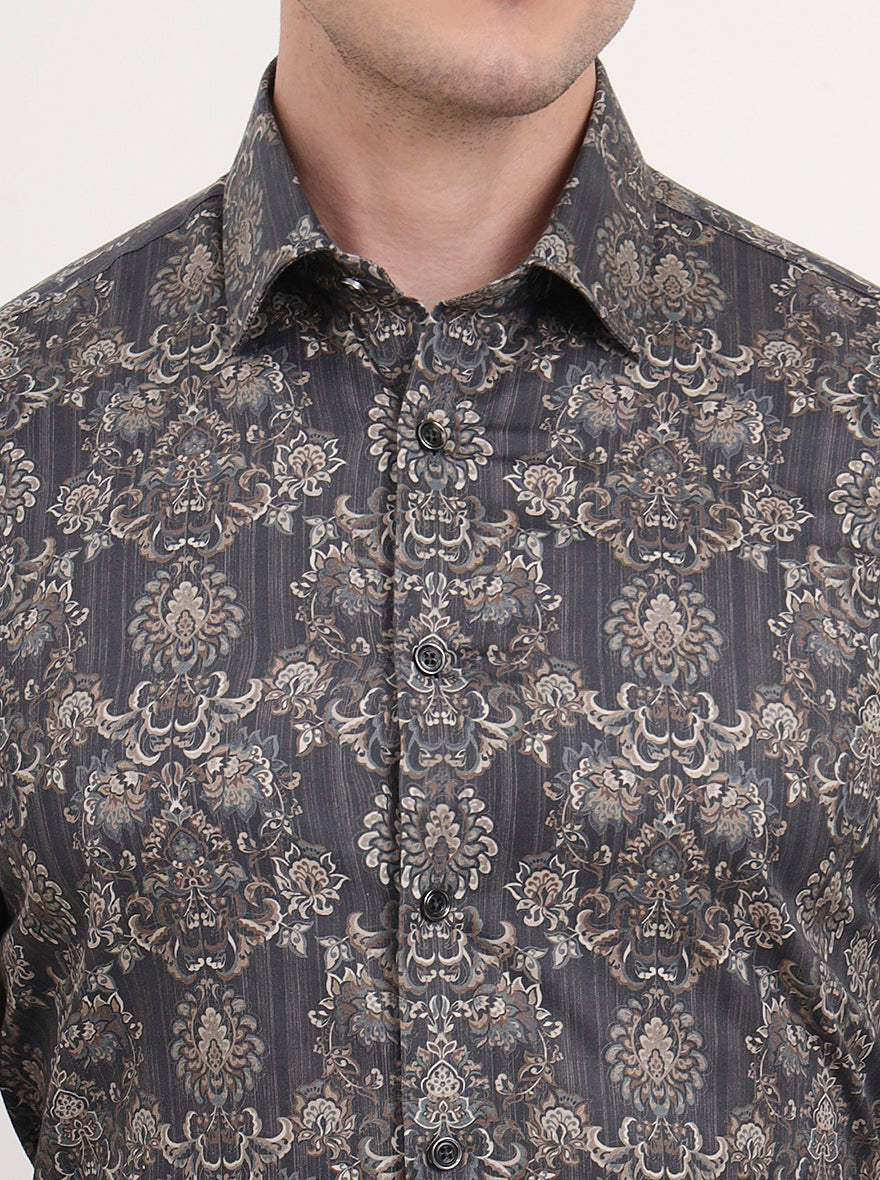 Grey & Brown Printed Slim Fit Party Wear Shirt | Wyre