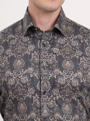 Grey & Brown Printed Slim Fit Party Wear Shirt | Wyre