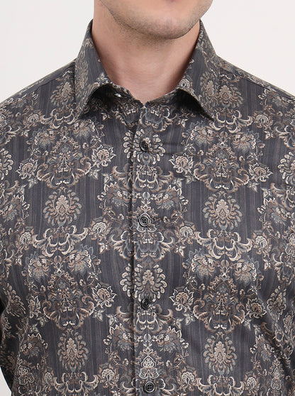 Grey & Brown Printed Slim Fit Party Wear Shirt | Wyre