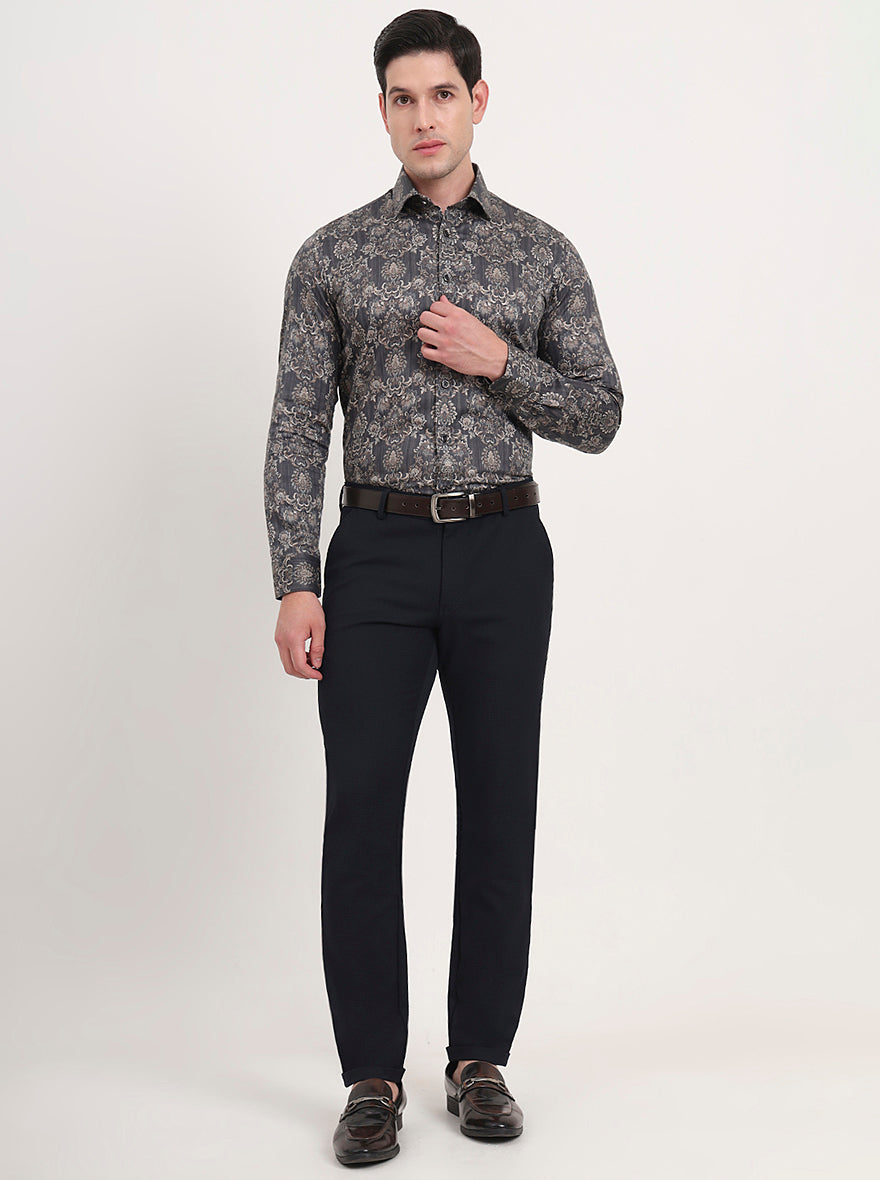 Grey & Brown Printed Slim Fit Party Wear Shirt | Wyre