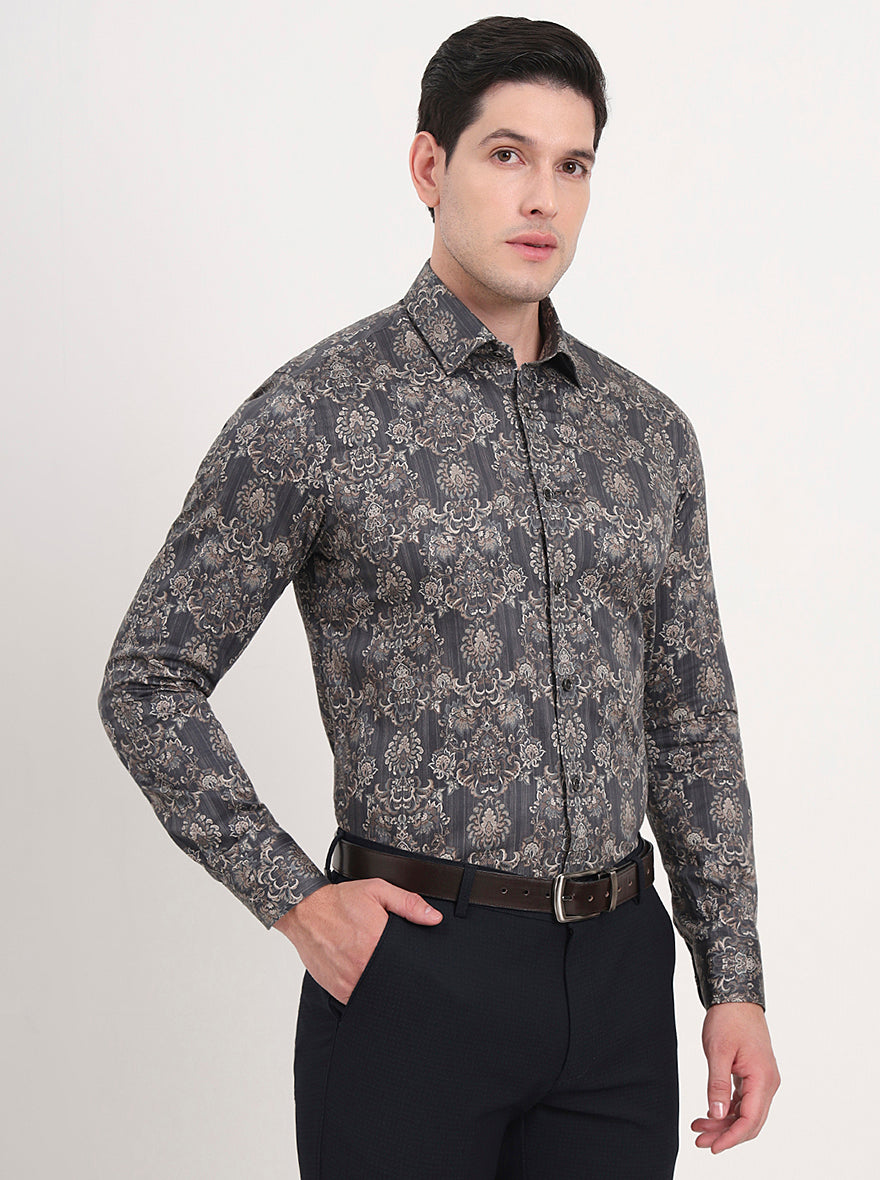 Grey & Brown Printed Slim Fit Party Wear Shirt | Wyre