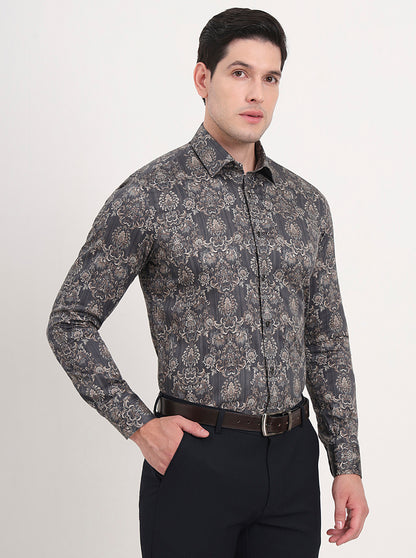 Grey & Brown Printed Slim Fit Party Wear Shirt | Wyre
