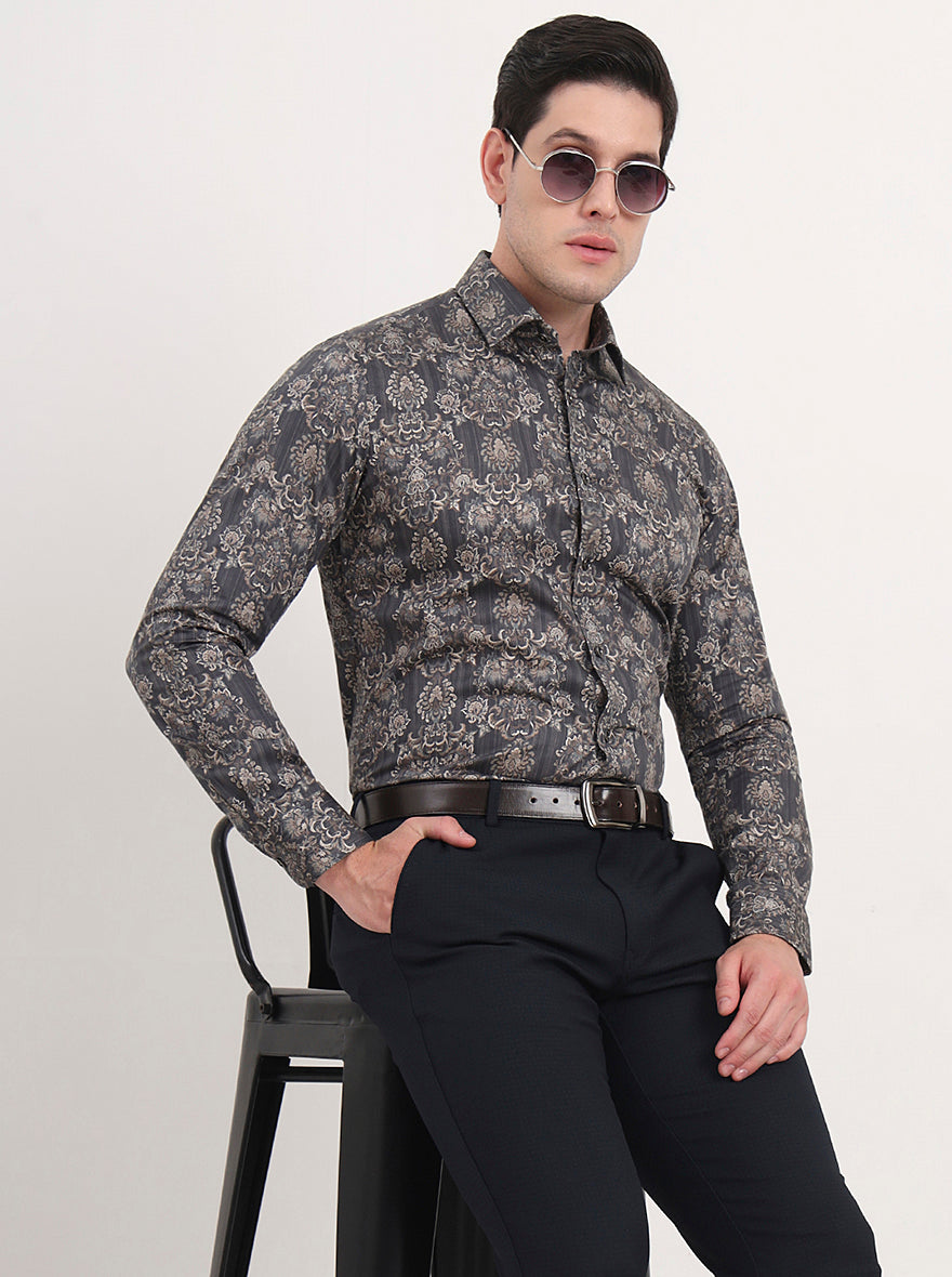Grey & Brown Printed Slim Fit Party Wear Shirt | Wyre