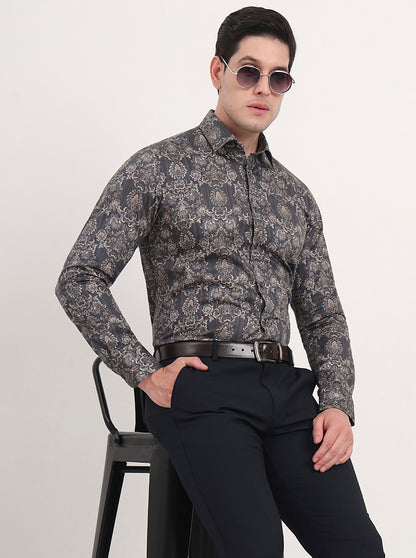 Grey & Brown Printed Slim Fit Party Wear Shirt | Wyre