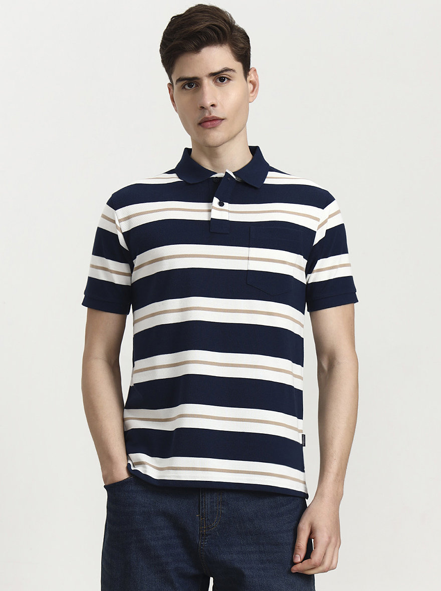 Teal & White Striped Regular Fit Polo T-Shirt | Greenfibre