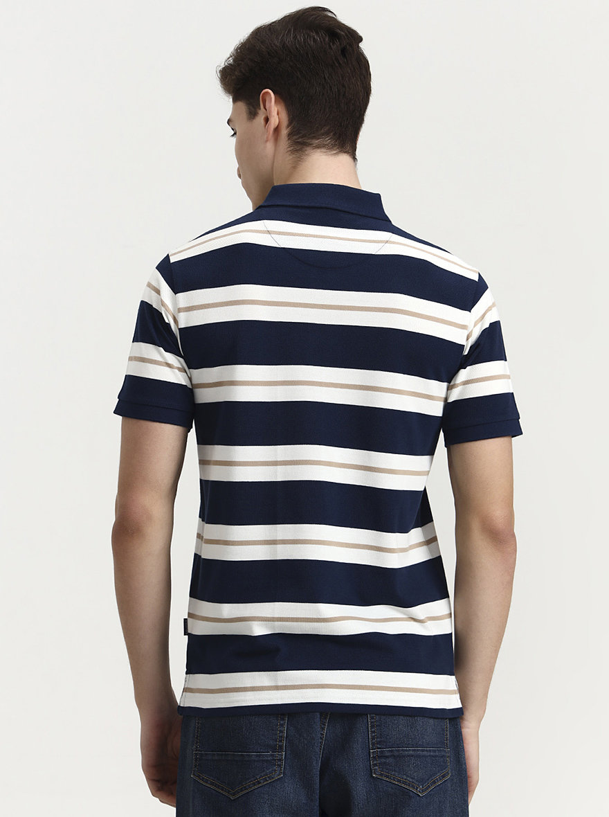 Teal & White Striped Regular Fit Polo T-Shirt | Greenfibre