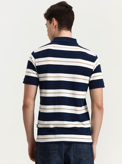 Teal & White Striped Regular Fit Polo T-Shirt | Greenfibre