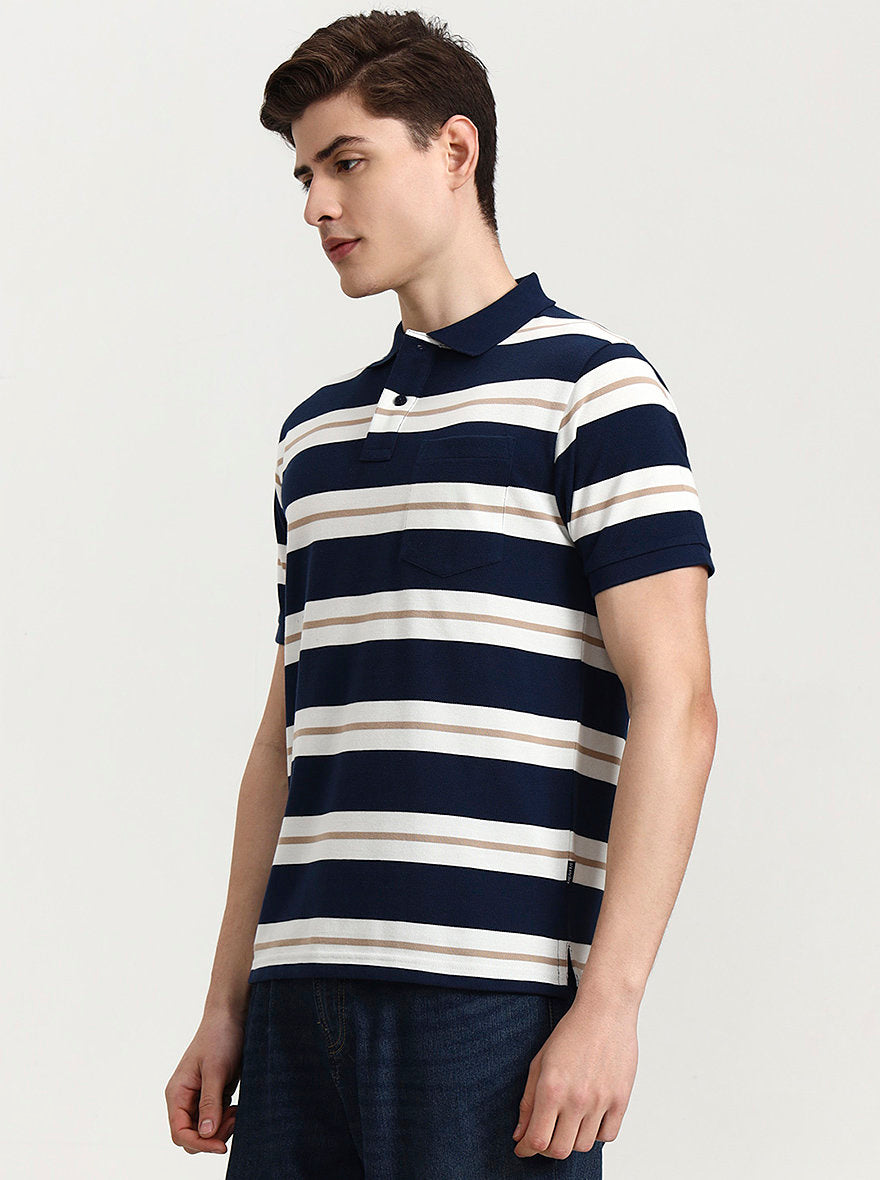 Teal & White Striped Regular Fit Polo T-Shirt | Greenfibre