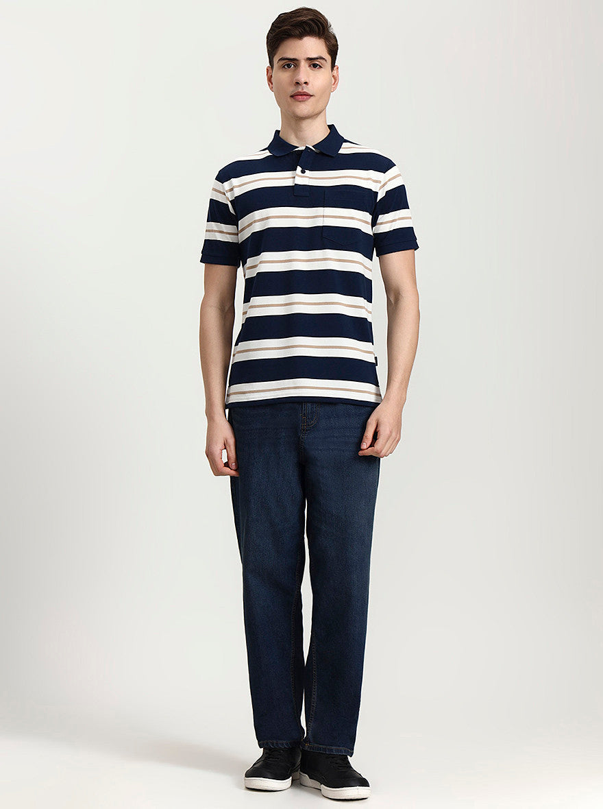 Teal & White Striped Regular Fit Polo T-Shirt | Greenfibre