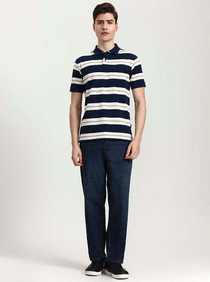 Teal & White Striped Regular Fit Polo T-Shirt | Greenfibre