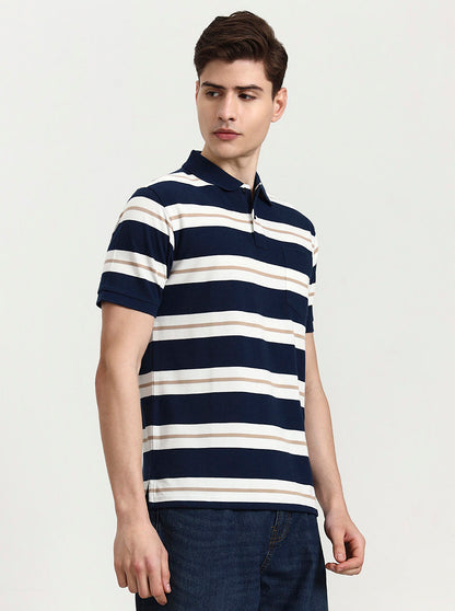 Teal & White Striped Regular Fit Polo T-Shirt | Greenfibre