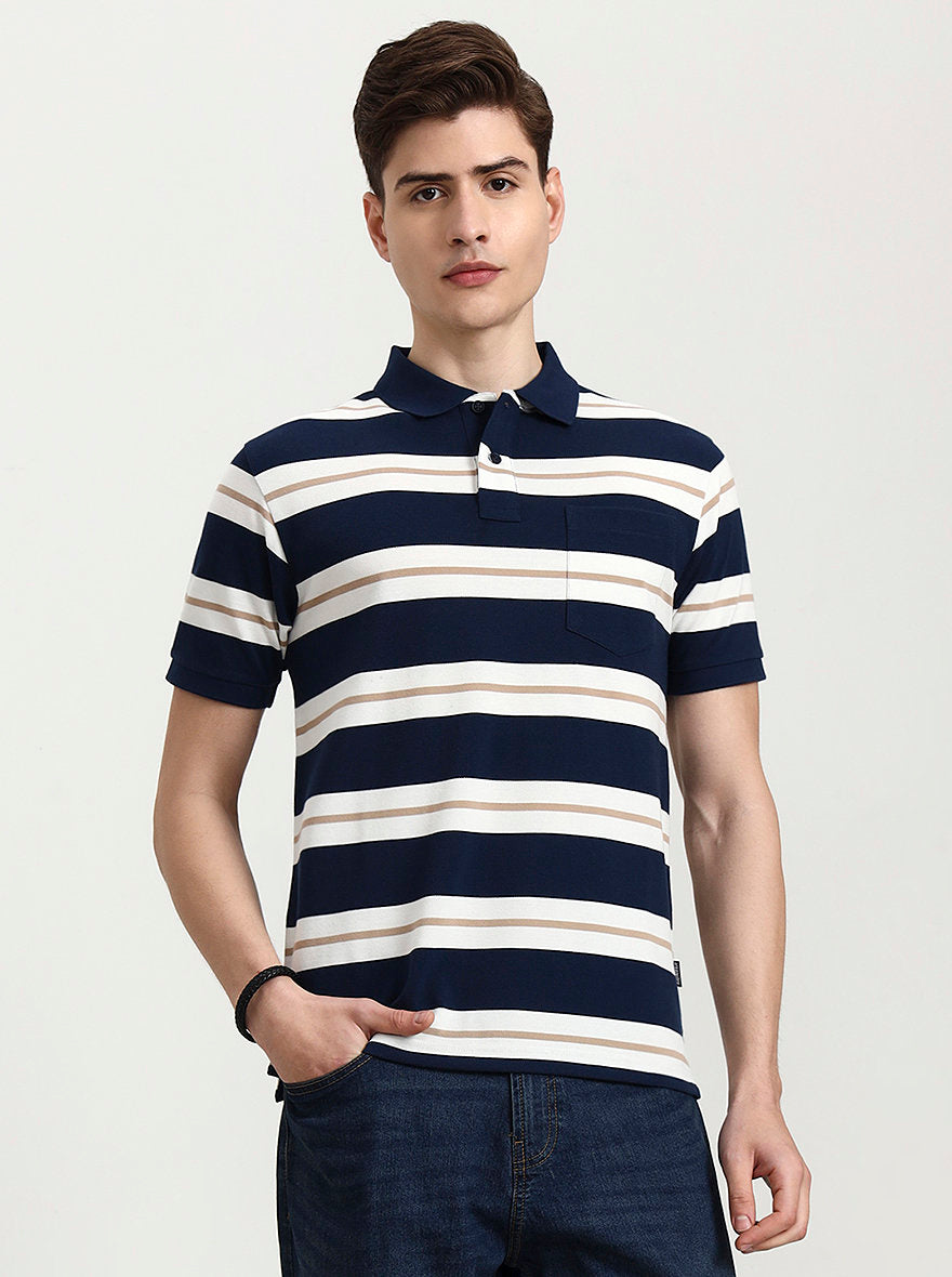 Teal & White Striped Regular Fit Polo T-Shirt | Greenfibre