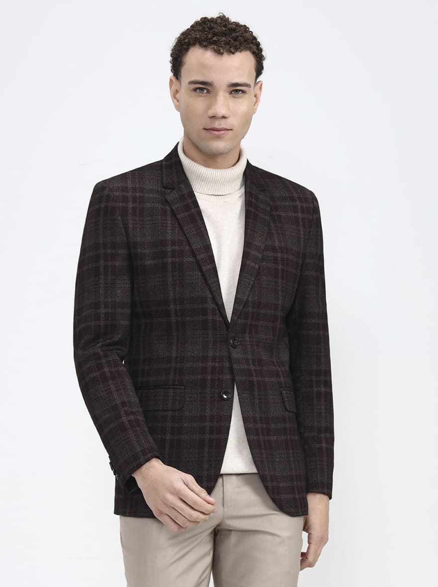 Maroon & Fawn Checked Regular Fit Blazer | JB X JB