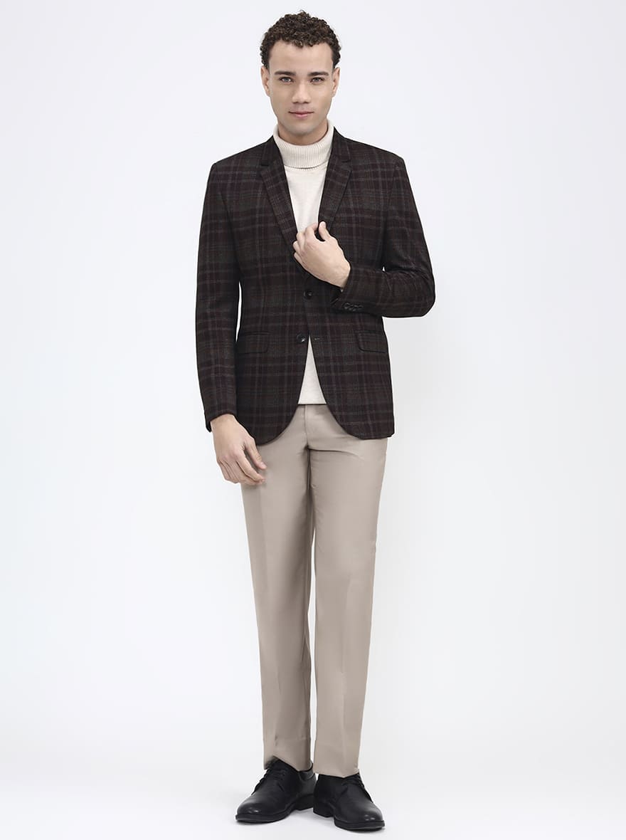 Maroon & Fawn Checked Regular Fit Blazer | JB X JB
