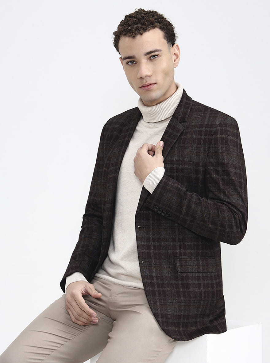 Maroon & Fawn Checked Regular Fit Blazer | JB X JB