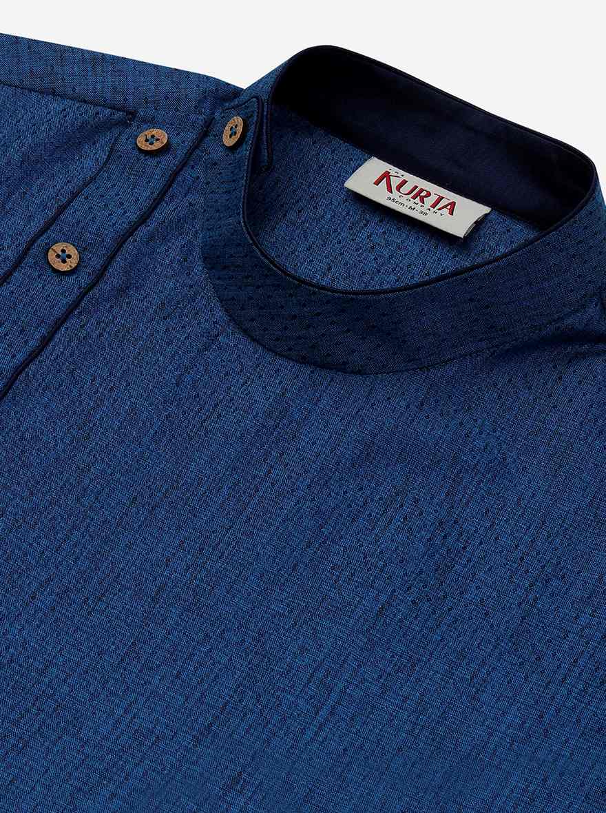 Asymmetrical Blue Silk Jacquard Kurta | The Kurta Company