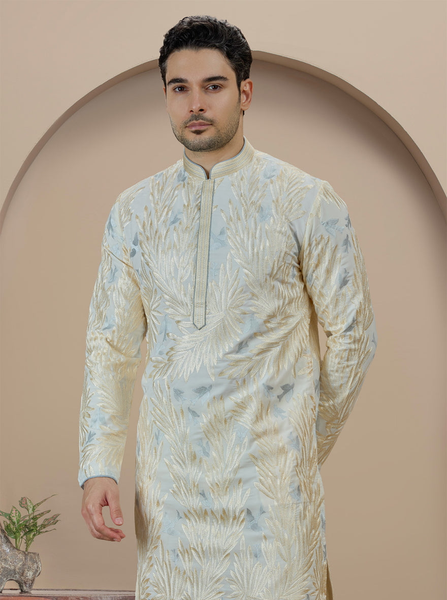 Cream & Sky Blue Embroidered Kurta Pajama | Virasana