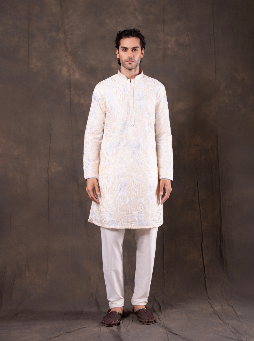 Cream & Sky Blue Embroidered Kurta Pajama | Virasana
