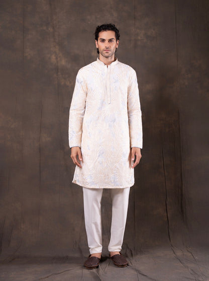 Cream & Sky Blue Embroidered Kurta Pajama | Virasana