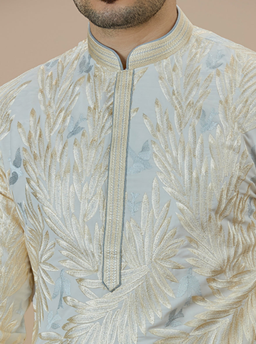 Cream & Sky Blue Embroidered Kurta Pajama | Virasana