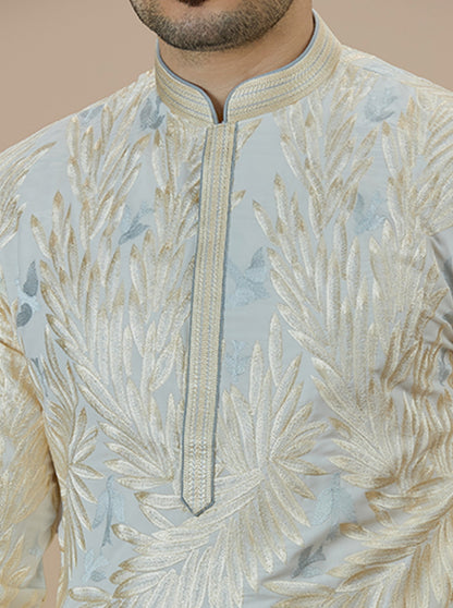 Cream & Sky Blue Embroidered Kurta Pajama | Virasana