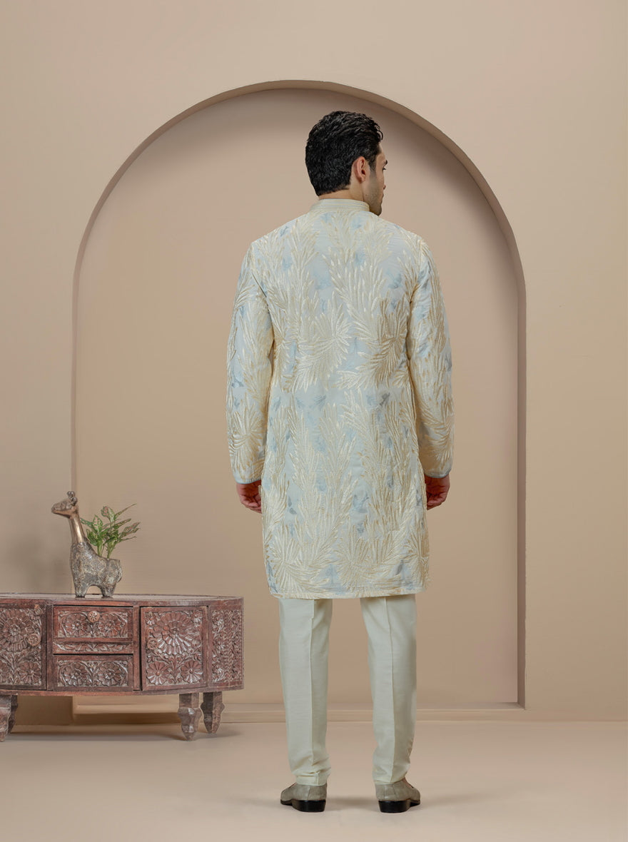 Cream & Sky Blue Embroidered Kurta Pajama | Virasana