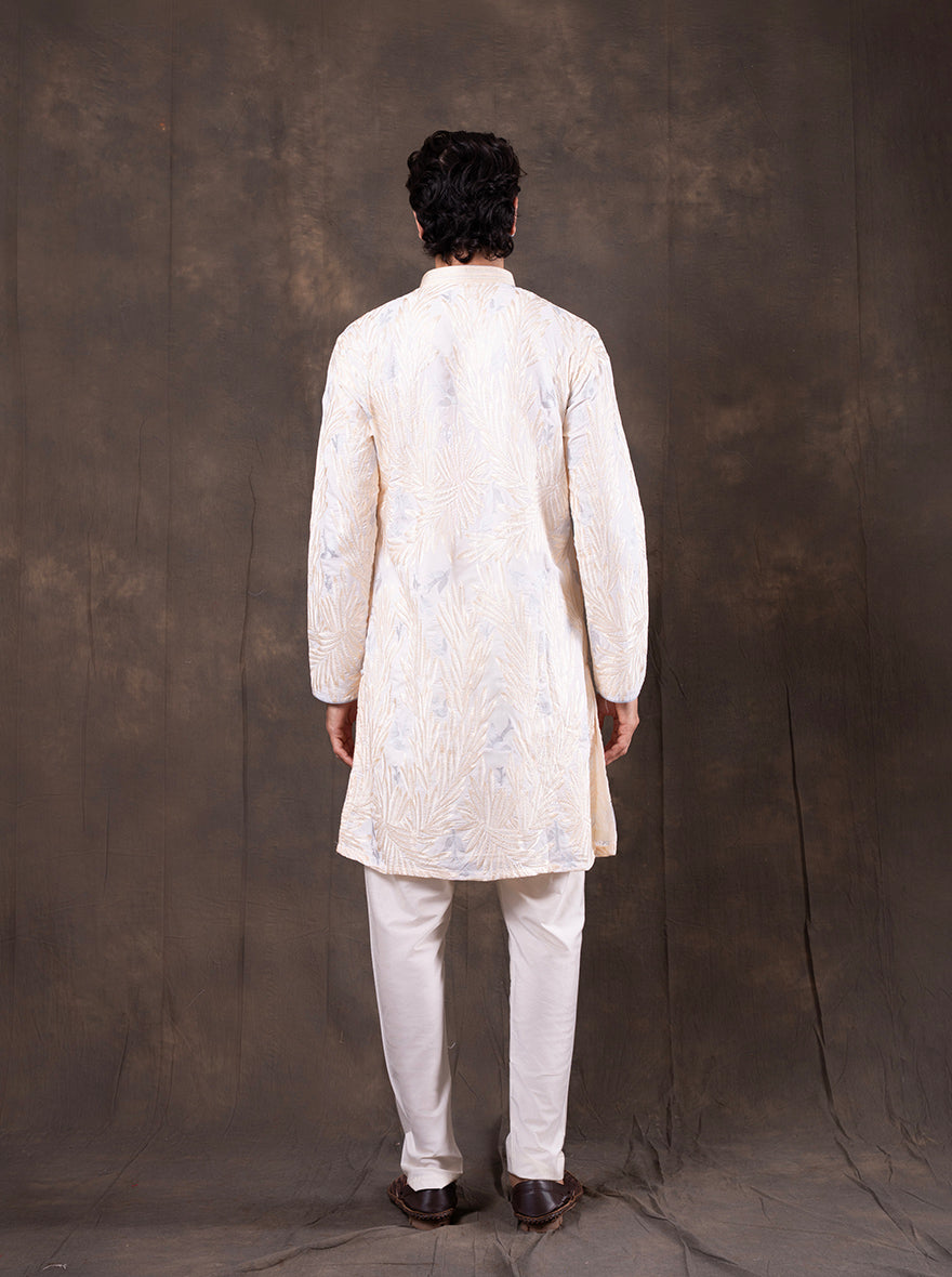 Cream & Sky Blue Embroidered Kurta Pajama | Virasana