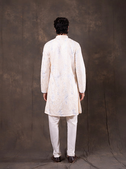 Cream & Sky Blue Embroidered Kurta Pajama | Virasana