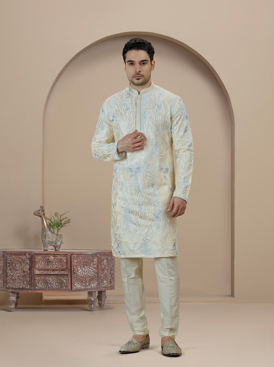 Cream & Sky Blue Embroidered Kurta Pajama | Virasana