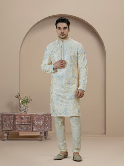 Cream & Sky Blue Embroidered Kurta Pajama | Virasana