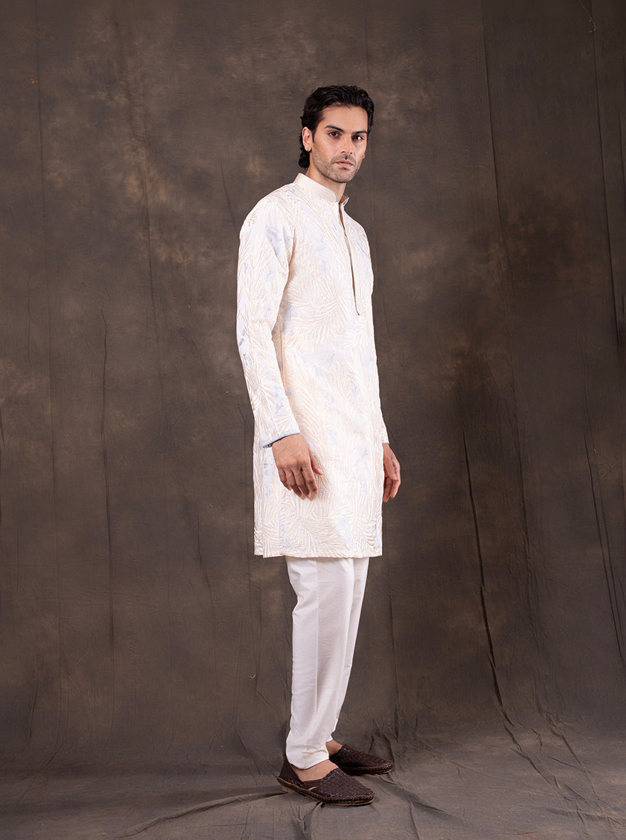 Cream & Sky Blue Embroidered Kurta Pajama | Virasana