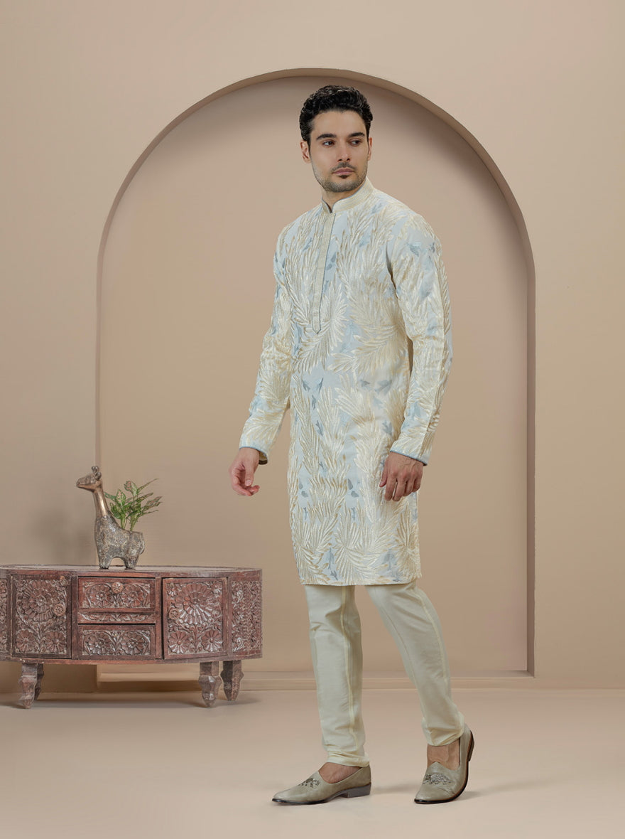 Cream & Sky Blue Embroidered Kurta Pajama | Virasana