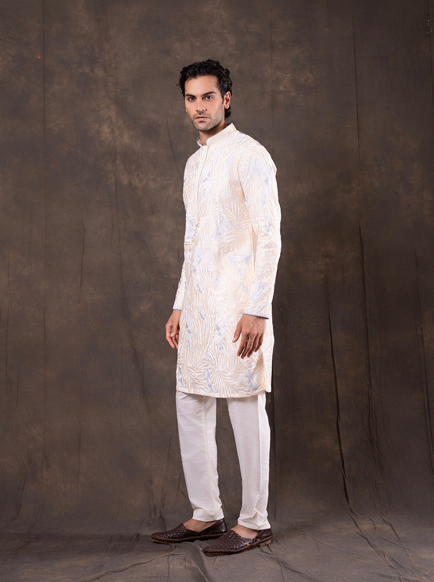 Cream & Sky Blue Embroidered Kurta Pajama | Virasana