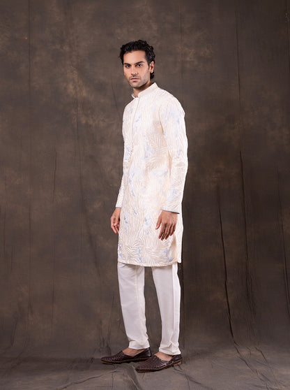 Cream & Sky Blue Embroidered Kurta Pajama | Virasana