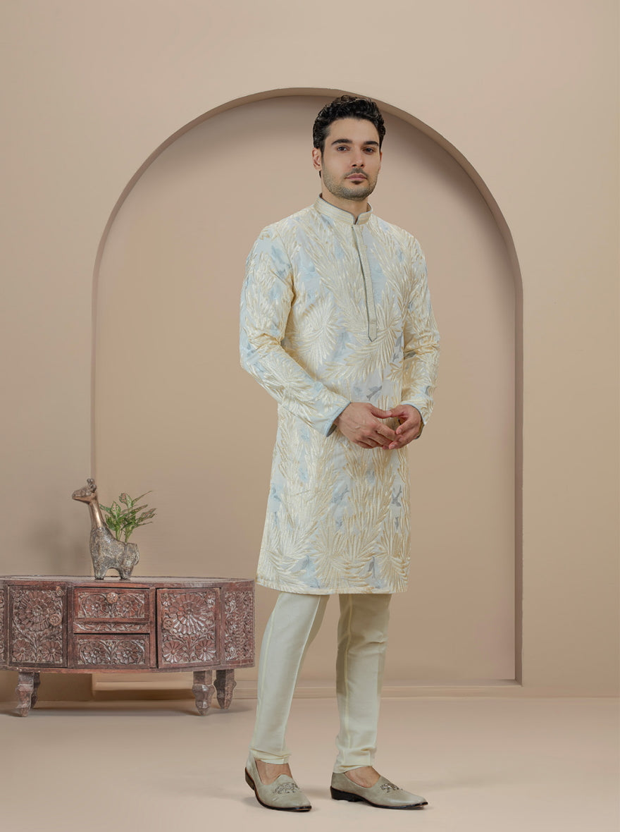 Cream & Sky Blue Embroidered Kurta Pajama | Virasana