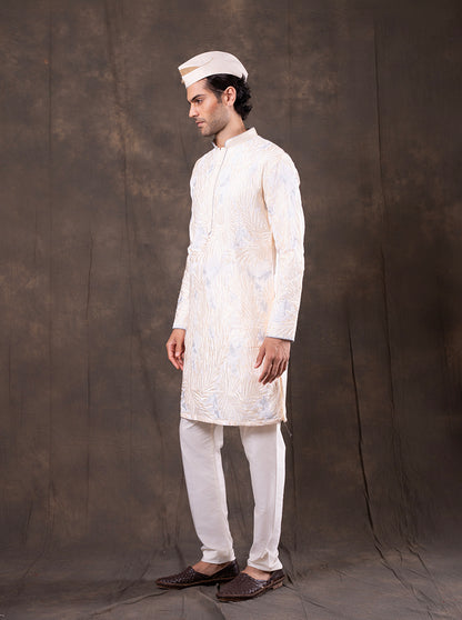 Cream & Sky Blue Embroidered Kurta Pajama | Virasana