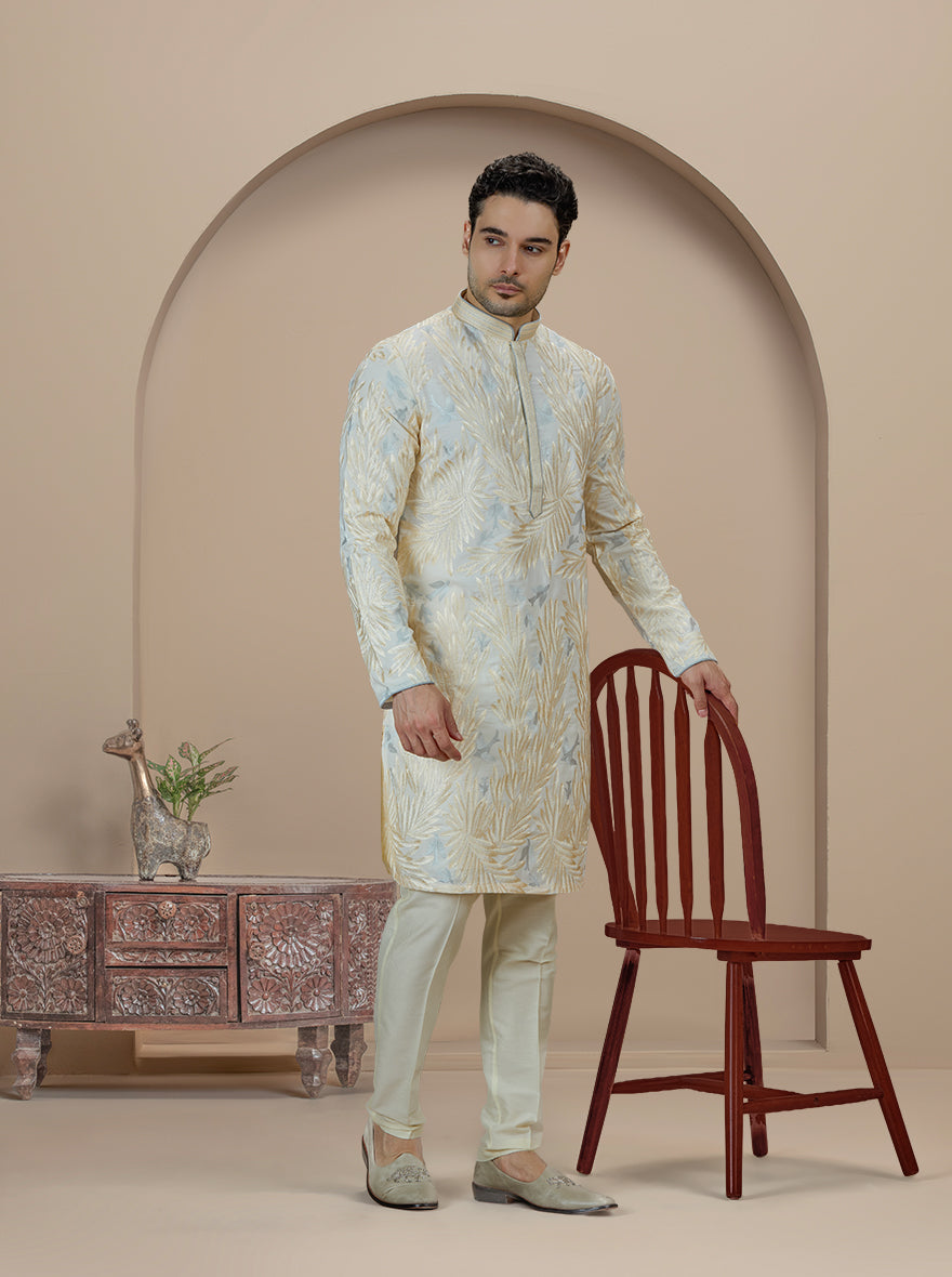 Cream & Sky Blue Embroidered Kurta Pajama | Virasana